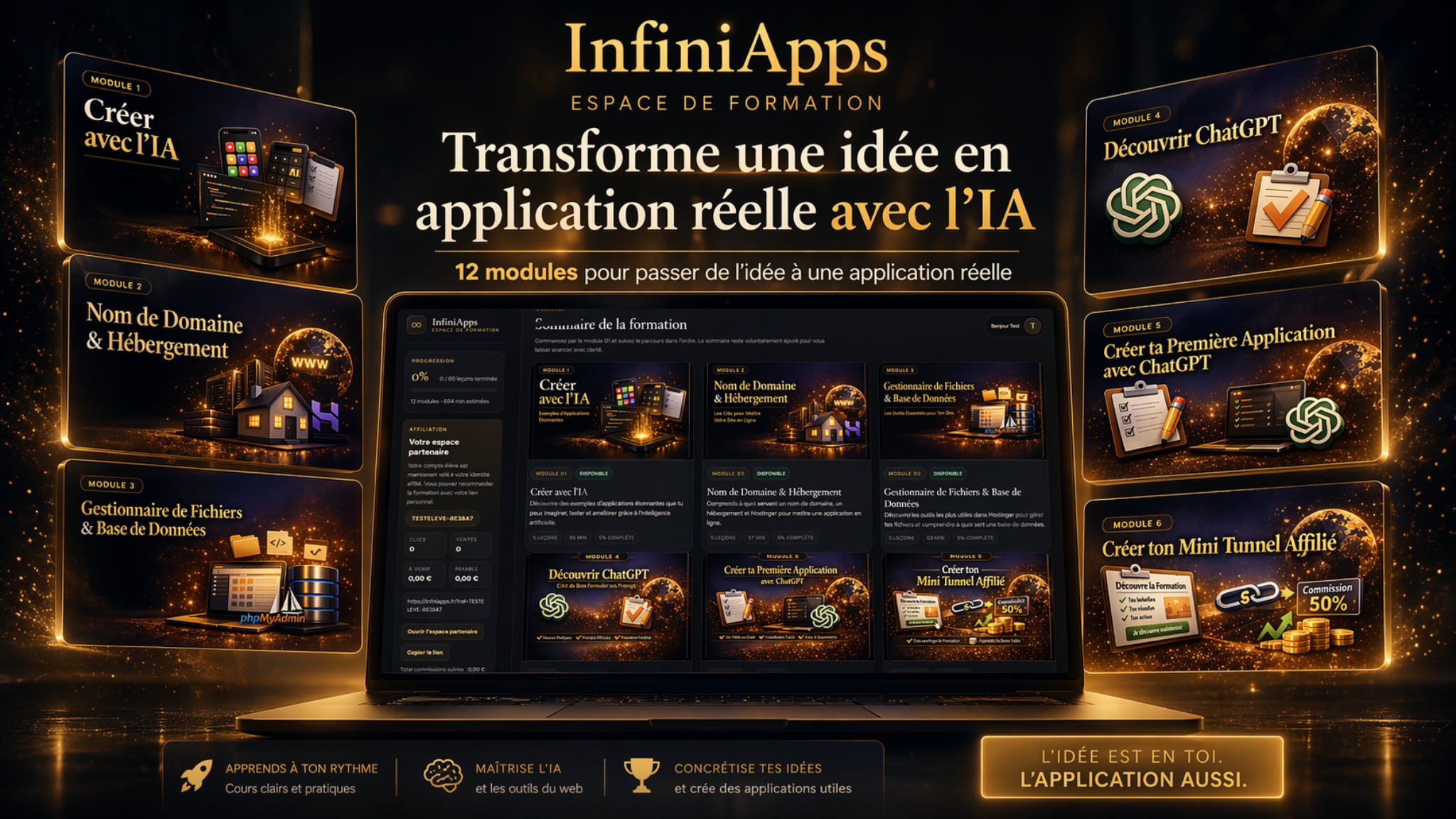 Visuel premium InfiniApps présentant l'espace de formation et les modules